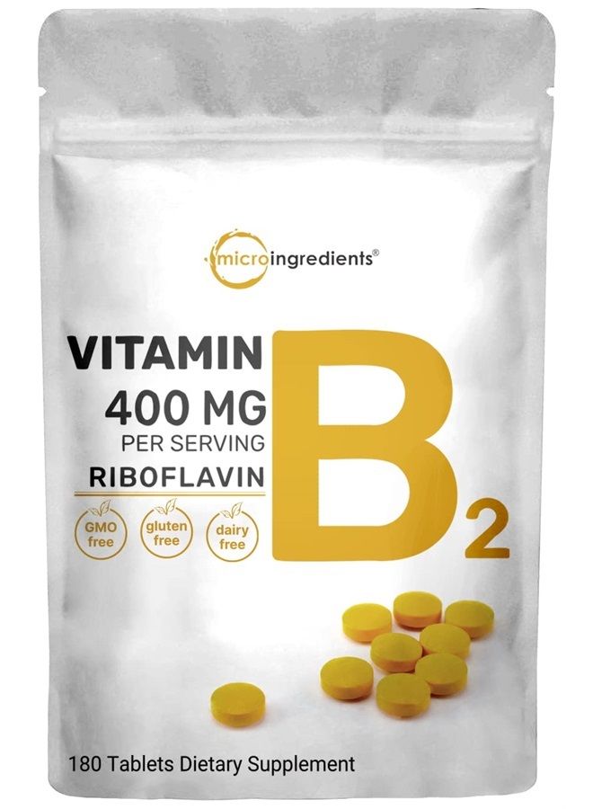 Micro Ingredients Riboflavin Vitamin B2, 400mg Per Serving, 180 Mini Tablets, Premium Vitamin B2 400mg Riboflavin Supplements, Easy to Swallow, Non-GMO - Image 1
