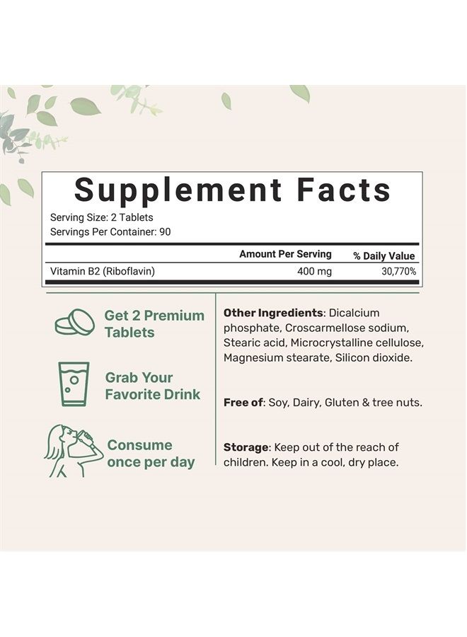 Micro Ingredients Riboflavin Vitamin B2, 400mg Per Serving, 180 Mini Tablets, Premium Vitamin B2 400mg Riboflavin Supplements, Easy to Swallow, Non-GMO - Image 2