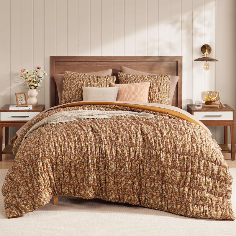 BLOOMHAVEN Queen Comforter Set-7 Pieces Brown Classic Puff Floral Bedding Sets for All Seasons,Shabby Chic Farmhouse Bed in a Bag Queen with Wildflowers Comforter,Sheets, Pillowcases & Shams - Image 2