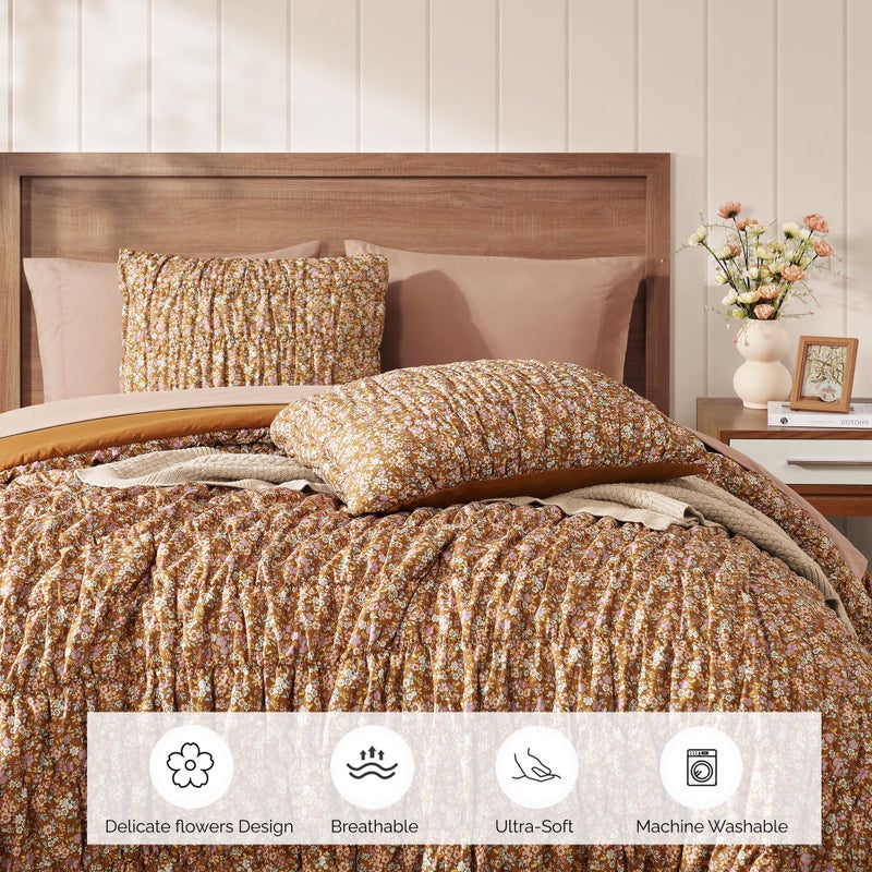 BLOOMHAVEN Queen Comforter Set-7 Pieces Brown Classic Puff Floral Bedding Sets for All Seasons,Shabby Chic Farmhouse Bed in a Bag Queen with Wildflowers Comforter,Sheets, Pillowcases & Shams - Image 4