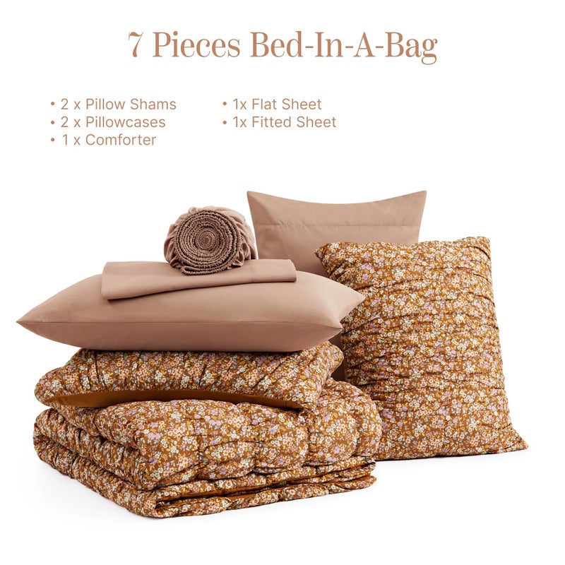 BLOOMHAVEN Queen Comforter Set-7 Pieces Brown Classic Puff Floral Bedding Sets for All Seasons,Shabby Chic Farmhouse Bed in a Bag Queen with Wildflowers Comforter,Sheets, Pillowcases & Shams - Image 5