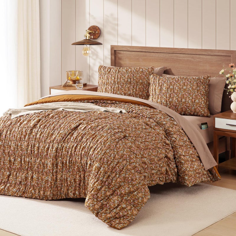 BLOOMHAVEN Queen Comforter Set-7 Pieces Brown Classic Puff Floral Bedding Sets for All Seasons,Shabby Chic Farmhouse Bed in a Bag Queen with Wildflowers Comforter,Sheets, Pillowcases & Shams - Image 1