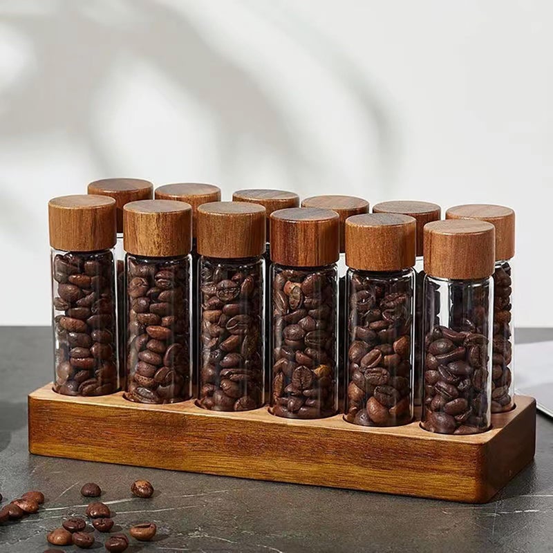 TREELF Coffee Bean Storage,Coffee Storage Container with Walnut Solid Wood Base,Coffee Bean Container,12 Tubes Single Dose with Wooden Holder(Type 1) - Image 4
