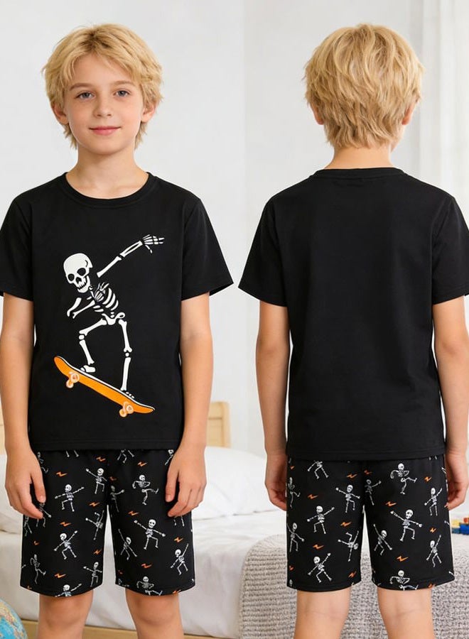 Myfav Big Boys Glow in Dark Skull Pjs Sleepwear Summer Pajama Shorts Sets, Skateboard, 12 Years - Image 3