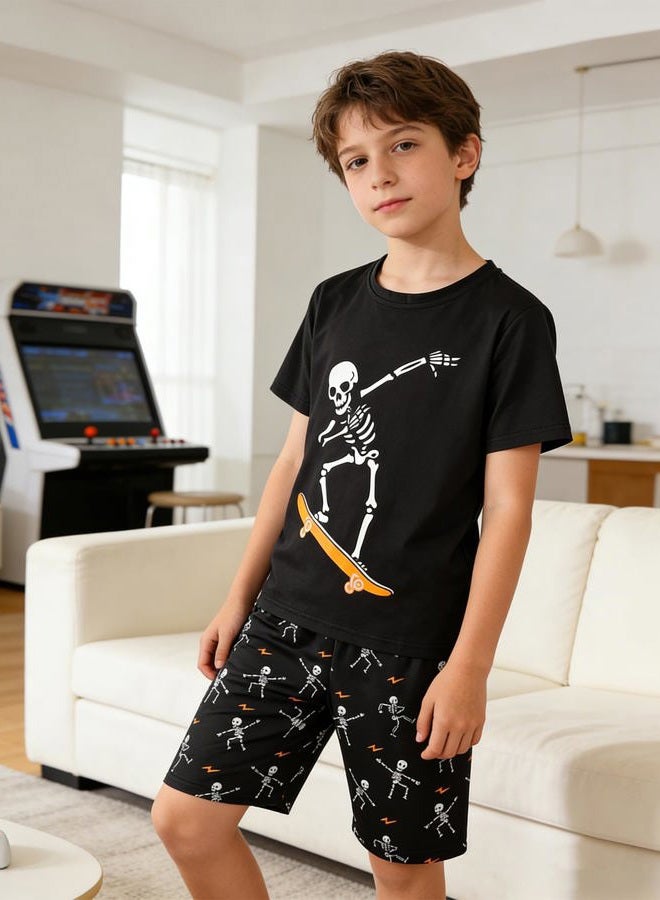 Myfav Big Boys Glow in Dark Skull Pjs Sleepwear Summer Pajama Shorts Sets, Skateboard, 12 Years - Image 4