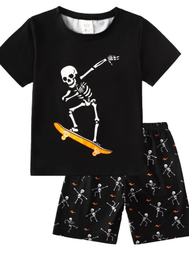 Myfav Big Boys Glow in Dark Skull Pjs Sleepwear Summer Pajama Shorts Sets, Skateboard, 12 Years - Image 1