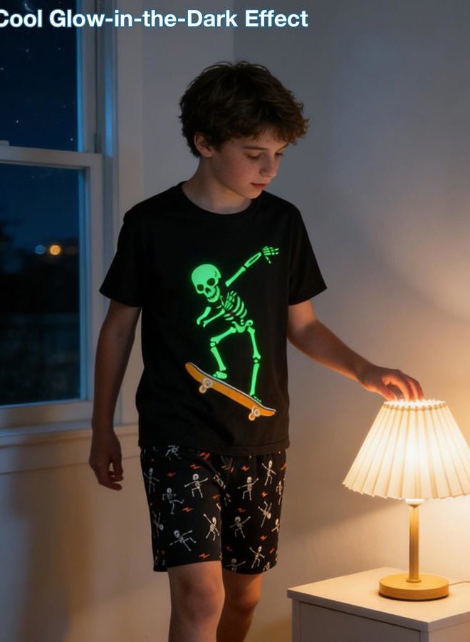 Myfav Big Boys Glow in Dark Skull Pjs Sleepwear Summer Pajama Shorts Sets, Skateboard, 12 Years - Image 2