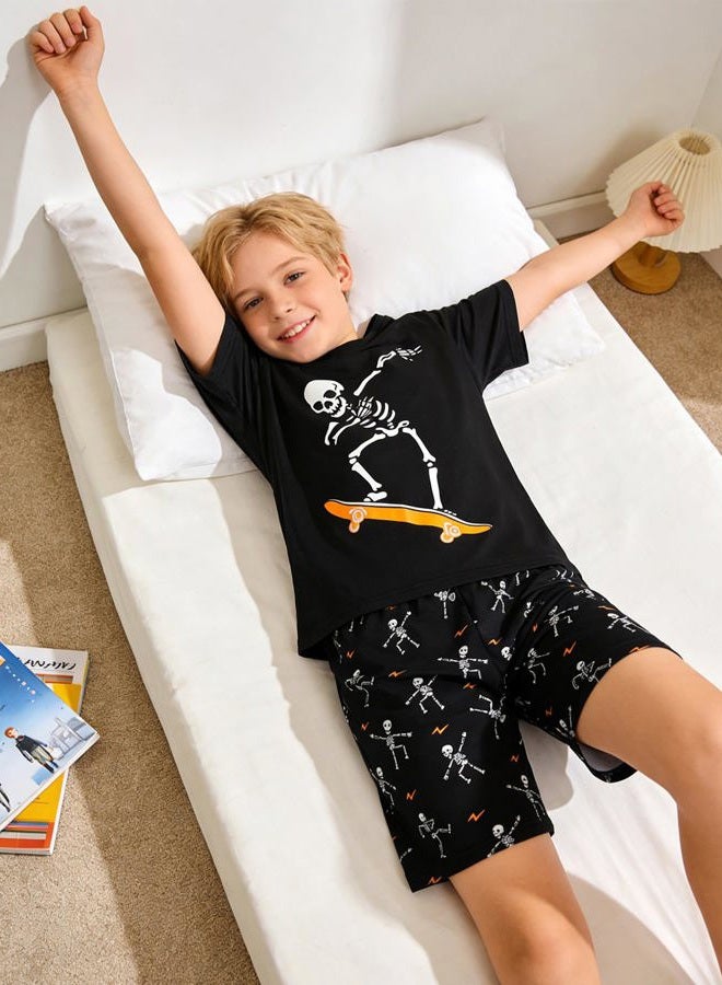Myfav Big Boys Glow in Dark Skull Pjs Sleepwear Summer Pajama Shorts Sets, Skateboard, 12 Years - Image 5