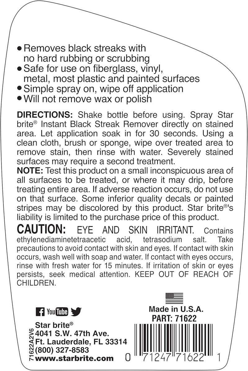 Star Brite مزيل الخطوط السوداء الفوري - يذيب الدهون والزيوت والدخان وبقع العادم على الألياف الزجاجية والفينيل والمعادن والبلاستيك والأسطح المطلية - رش، امسح - Image 1