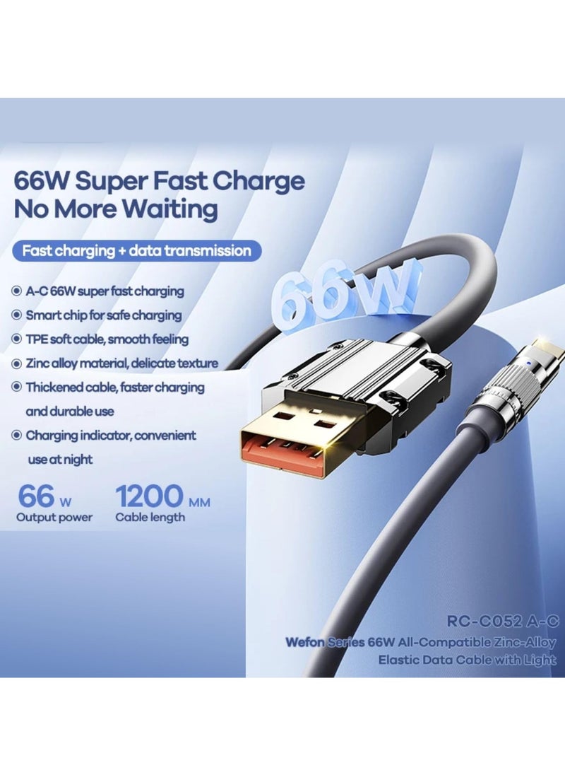 Remax Mena - 66W Data Cable With Display (USB-A to Type-C), Fast Charging Zinc-Alloy Braided Elastic Cable with Charging Indicator, Fast Charging + Data Transmission,1.2M Length (Black) - Image 1