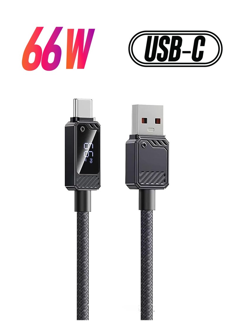 Remax Mena - 66W Data Cable With Display (USB-A to Type-C), Fast Charging Zinc-Alloy Braided Elastic Cable with Charging Indicator, Fast Charging + Data Transmission,1.2M Length (Black) - Image 1