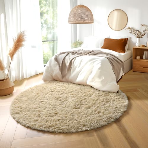Amdrebio Beige Round Area Rugs 5Ft for Bedroom, Fluffy Plush Shag Furry Circle Rug for Kids Room, Living Room Decor Aesthetic, Fuzzy Circular Tan Neutral Carpet for Teens Baby Nursery Playroom Dorm - Image 5