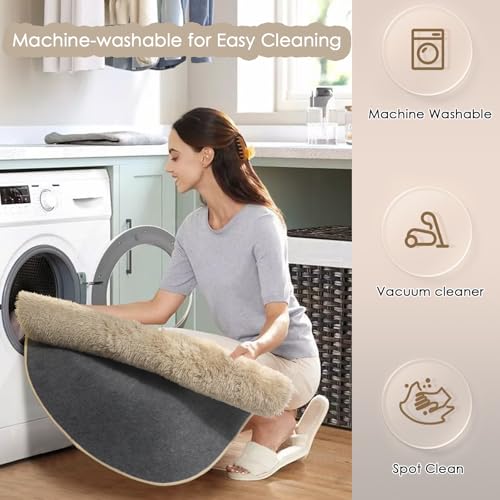 Amdrebio Beige Round Area Rugs 5Ft for Bedroom, Fluffy Plush Shag Furry Circle Rug for Kids Room, Living Room Decor Aesthetic, Fuzzy Circular Tan Neutral Carpet for Teens Baby Nursery Playroom Dorm - Image 3