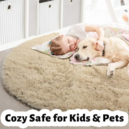 Amdrebio Beige Round Area Rugs 5Ft for Bedroom, Fluffy Plush Shag Furry Circle Rug for Kids Room, Living Room Decor Aesthetic, Fuzzy Circular Tan Neutral Carpet for Teens Baby Nursery Playroom Dorm - Image 2