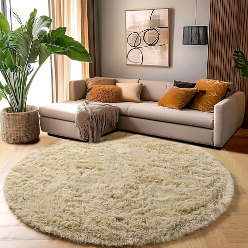 Amdrebio Beige Round Area Rugs 5Ft for Bedroom, Fluffy Plush Shag Furry Circle Rug for Kids Room, Living Room Decor Aesthetic, Fuzzy Circular Tan Neutral Carpet for Teens Baby Nursery Playroom Dorm - Image 4