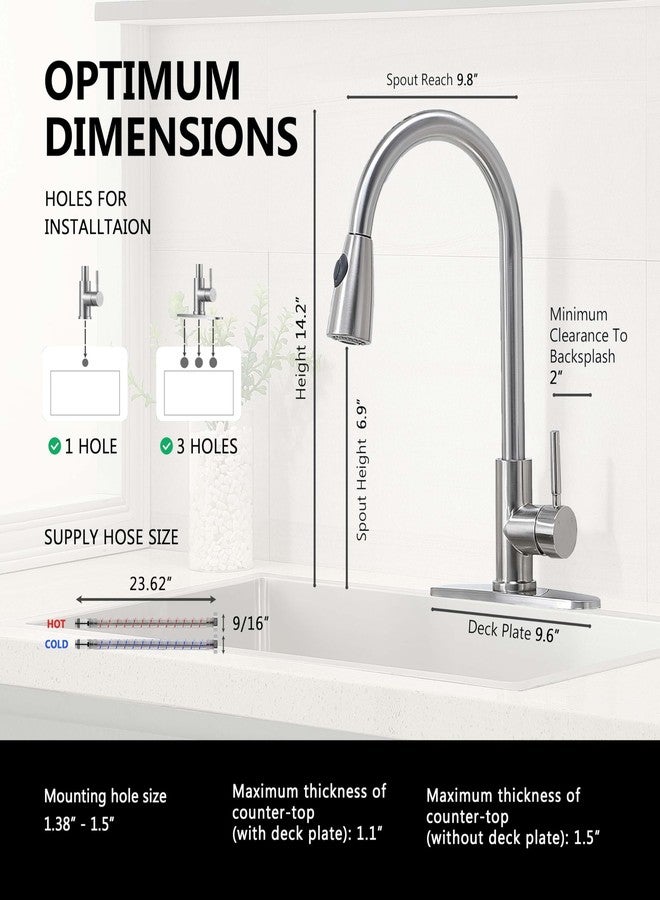 Comllen Kitchen Faucet with Pull Down Sprayers, Brushed Nickel Kitchen Faucets, Modern Pull Out Stainless Steel Kitchen Sink Faucet Single Handle Faucet Swivel Spout with Deck Plate - Image 2