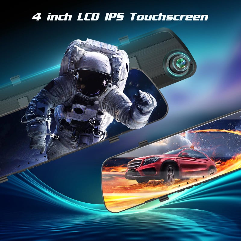 NHOPEEW Rear View Mirror Camera, 4 inch IPS LCD Screen Mirror Dash Cam 1080P Front and Rear Dual Camera with 64G TF Card, Loop Recording, Motion Detection, Parking Assistance + Backup Cam - Image 2