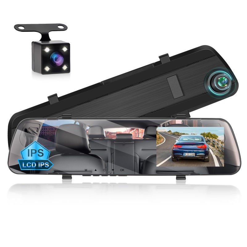 NHOPEEW Rear View Mirror Camera, 4 inch IPS LCD Screen Mirror Dash Cam 1080P Front and Rear Dual Camera with 64G TF Card, Loop Recording, Motion Detection, Parking Assistance + Backup Cam - Image 1