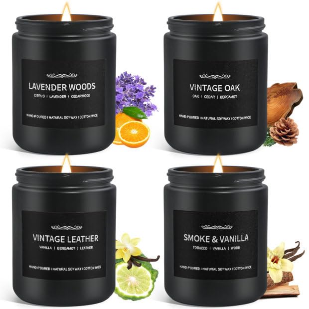 JXDLSQ Scented Candle Set Men Candle Set Scented Candles for Home Gifts for Men 4 Pack Manly Candles Gifts for Mens Scents of Smoke VanillaLeatherOakLavender Wood - Image 2