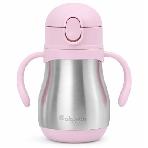 Bakpoco Stainless Steel Sippy Straw Cup for Toddlers 1-3 Years Old, Insulated Toddler Water Bottle Baby Training Tumbler with Handles, 8oz Kids Straw Cups for Travel, Daycare & At Home, Pink - Image 1