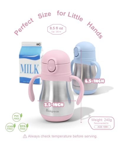 Bakpoco Stainless Steel Sippy Straw Cup for Toddlers 1-3 Years Old, Insulated Toddler Water Bottle Baby Training Tumbler with Handles, 8oz Kids Straw Cups for Travel, Daycare & At Home, Pink - Image 5