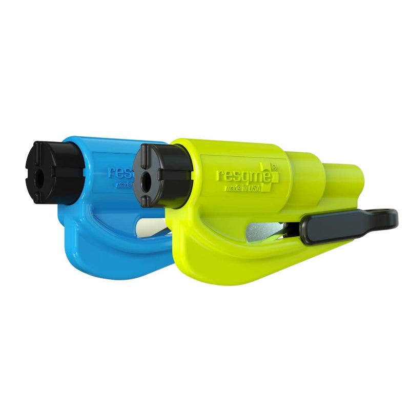 RESQME The Original Emergency Keychain Car Escape Tool 2in1 Seatbelt Cutter and Window Breaker Made in USA Pack of 2 Blue Yellow Compact Emergency Hammer