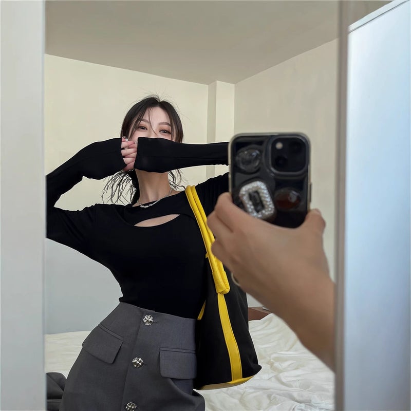 Hollow-Out Long-Sleeve T-Shirt For Women, Autumn Style, And Slim-Fitting Design, Base Shirt For Students - Image 5