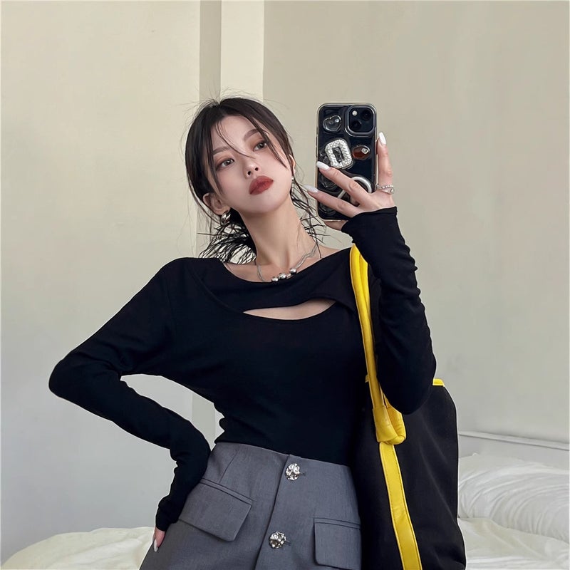 Hollow-Out Long-Sleeve T-Shirt For Women, Autumn Style, And Slim-Fitting Design, Base Shirt For Students - Image 3