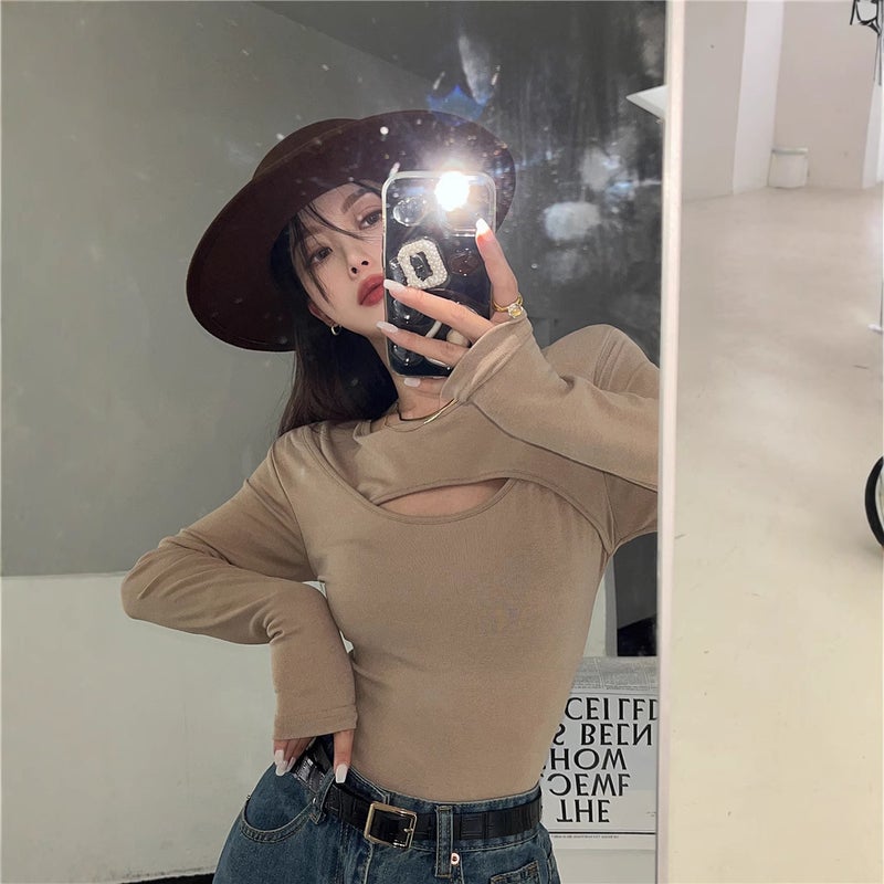 Hollow-Out Long-Sleeve T-Shirt For Women, Autumn Style, And Slim-Fitting Design, Base Shirt For Students - Image 2