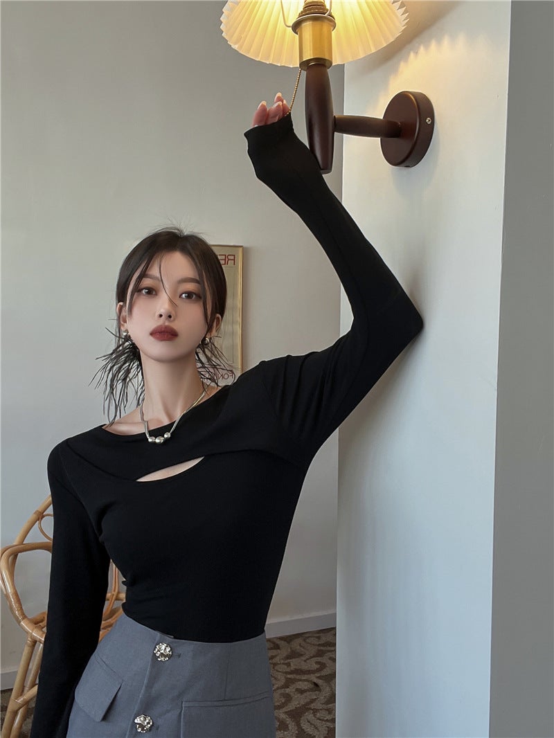 Hollow-Out Long-Sleeve T-Shirt For Women, Autumn Style, And Slim-Fitting Design, Base Shirt For Students - Image 1