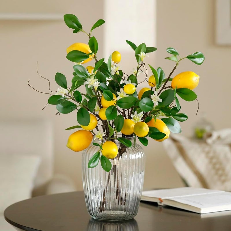 Laelfe 2 Bunches Artificial Lemons Branches Faux Lemons Fruit with Stem Fake Lemon Decoration for Kitchen Farmhouse Decor Yellow
