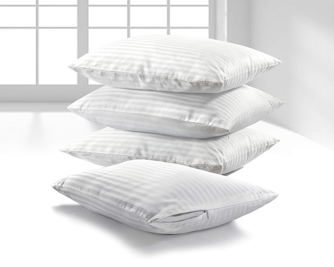 SATIN STRIPE PILLOW PROTECTORS PACK OF 2 ZIPPERED WHITE PILLOWCASES HYPOALLERGENIC DUST MITE PROTECTION 100 BRUSHED MICROFIBER HOTEL QUALITY PILLOW COVERS