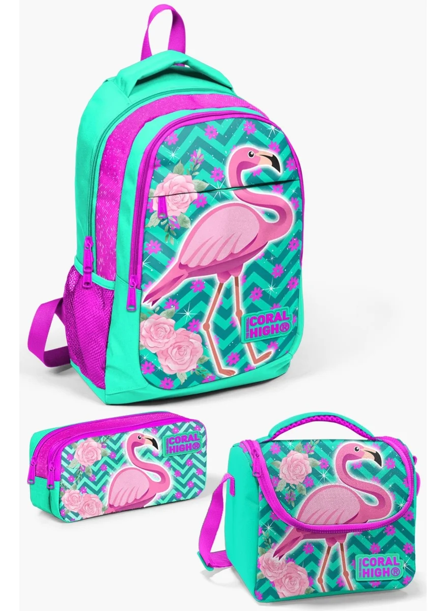 كورال هاي Kids Water Green Pink Glitter Flamingo Patterned 3-Piece School Bag Set SET0114382
