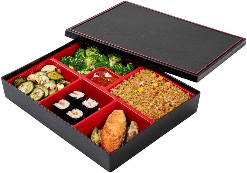 Restaurantware حاوية غداء مقسمة 122 × 98 × 24 بوصة على الطراز الياباني للبالغين مع 6 أقسام، صندوق غداء بلاستيكي مقسم أسود وأحمر، طعام ساخن وبارد - Image 1