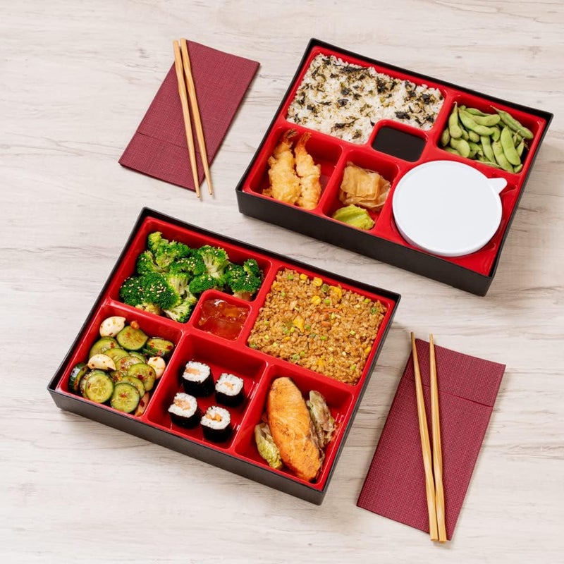 Restaurantware حاوية غداء مقسمة 122 × 98 × 24 بوصة على الطراز الياباني للبالغين مع 6 أقسام، صندوق غداء بلاستيكي مقسم أسود وأحمر، طعام ساخن وبارد - Image 3