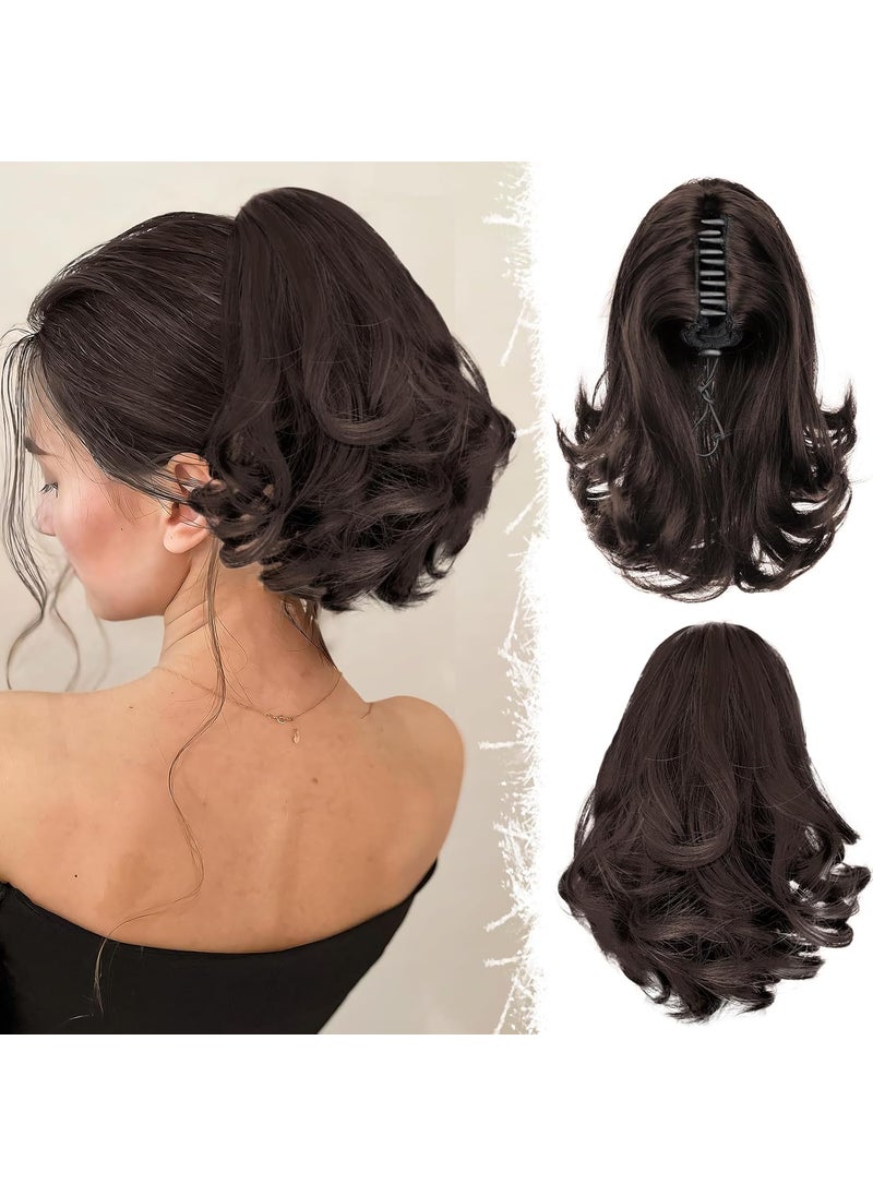 KooKaStyle KooKaStyle Ponytail Extension 10 Short Claw Clip in Pony Tails Hair Extensions Curly Wavy Synthetic Drawstring Ponytail Hair pieces for Women Girls Dark Brown 