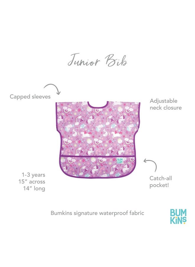 BUMKiNs Short Sleeve Bib For Girl Or Boy, Toddler And Kids For 1-3 Years, Large Size, Essential Must Have For Junior Children, Eating, Mess Saving Soft Fabric Apron For Play, Unicorns Purple  - Image 4