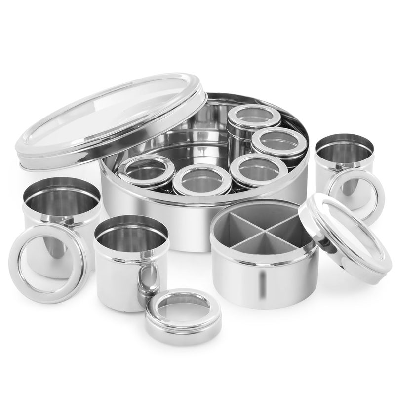 Human Hydro 12in1 Stainless Steel Masala Dabba Spice Box with Partitioned Middle Container 3 Spoons SeeThrough Lid Masala Dani for Kitchen 22 cm Silver - Image 1