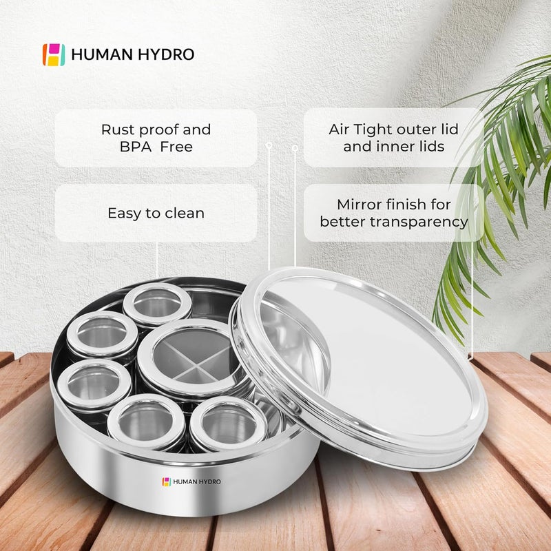 Human Hydro 12in1 Stainless Steel Masala Dabba Spice Box with Partitioned Middle Container 3 Spoons SeeThrough Lid Masala Dani for Kitchen 22 cm Silver - Image 4