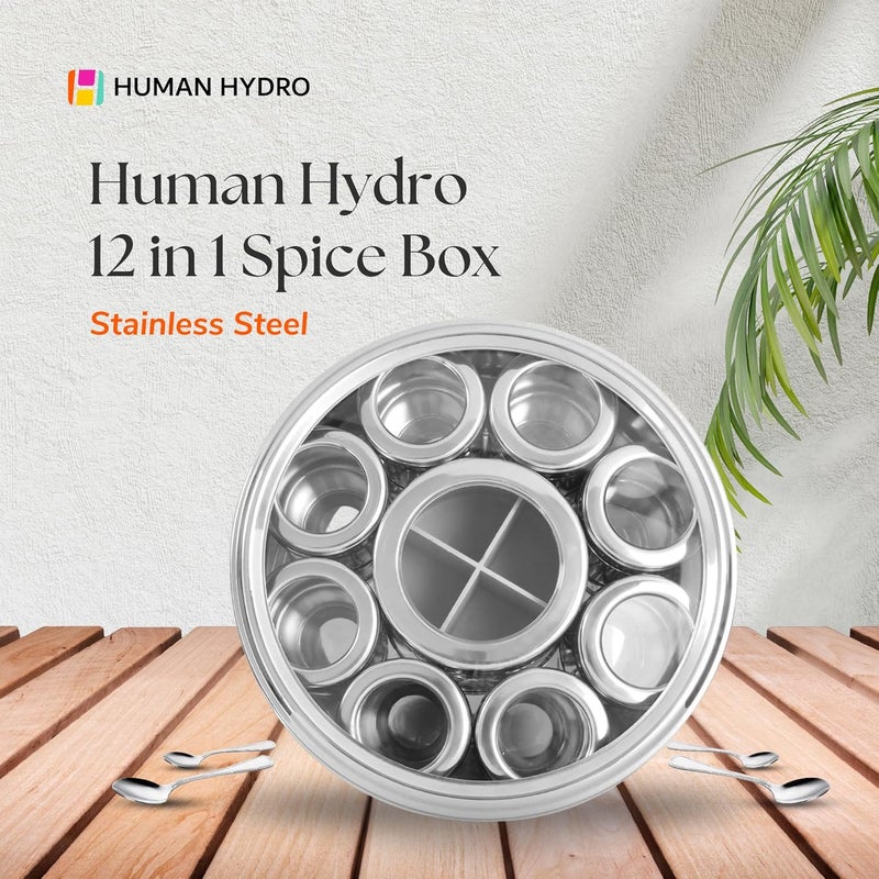 Human Hydro 12in1 Stainless Steel Masala Dabba Spice Box with Partitioned Middle Container 3 Spoons SeeThrough Lid Masala Dani for Kitchen 22 cm Silver - Image 2