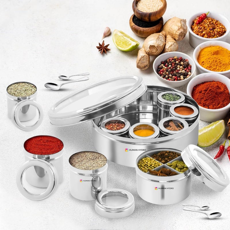 Human Hydro 12in1 Stainless Steel Masala Dabba Spice Box with Partitioned Middle Container 3 Spoons SeeThrough Lid Masala Dani for Kitchen 22 cm Silver - Image 3