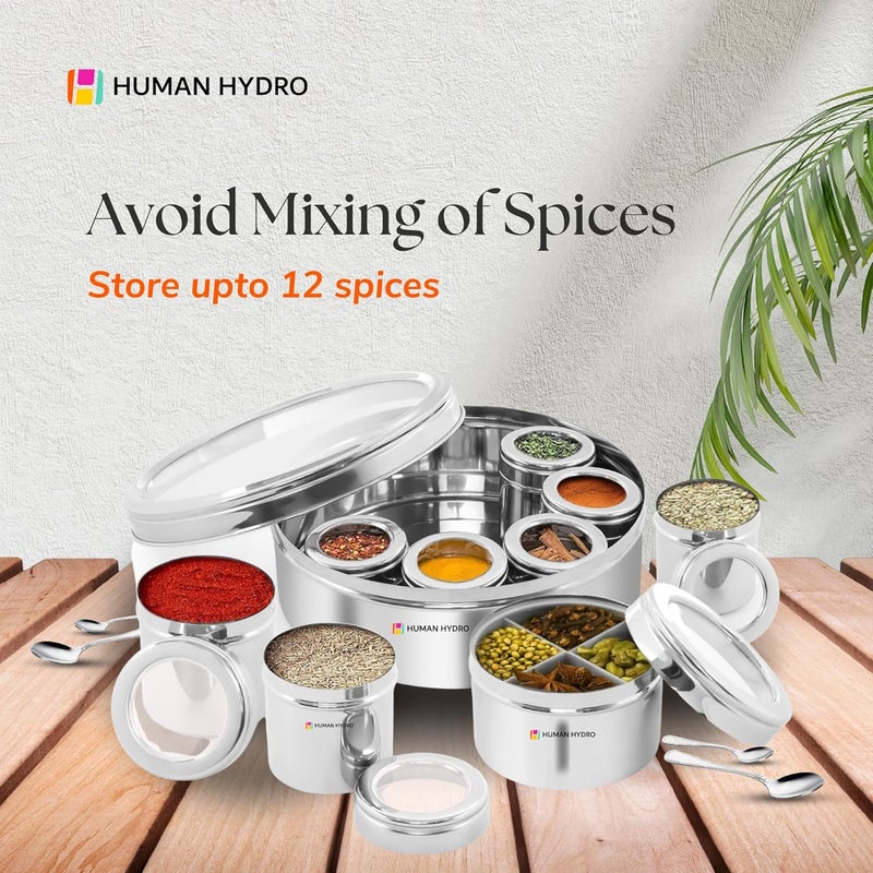 Human Hydro 12in1 Stainless Steel Masala Dabba Spice Box with Partitioned Middle Container 3 Spoons SeeThrough Lid Masala Dani for Kitchen 22 cm Silver - Image 5