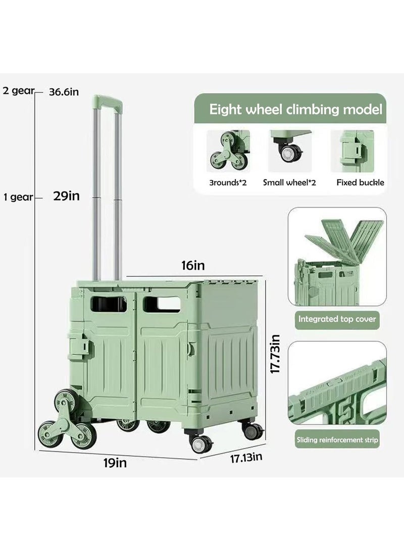 Foldable Shopping Trolley Cart with 8 Wheels, Collapsible Utility Cart with Storage Box and Integrated Desktop, Green - Image 4
