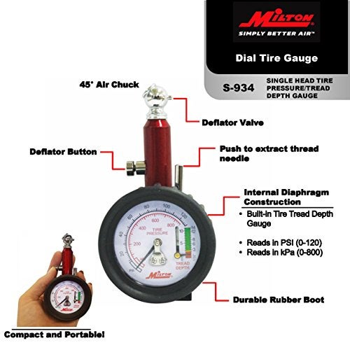 Milton (S-934) Dial Tire Pressure Gauge - Single Head Tire Tread Depth Gauge - Image 2