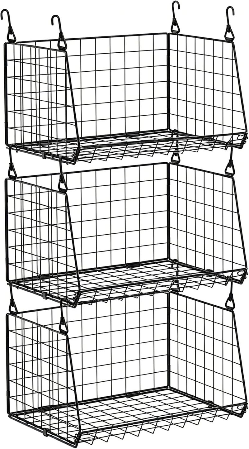 Sonyabecca 3-Pack Hanging Laundry Room Organizaton：Foldable Laundry Basket Wire Basket with 360°Rotating Hooks Small Space Organization Over Washer and Dryer Shelves - Hanging Closet Organizer, Black Patent - Image 1