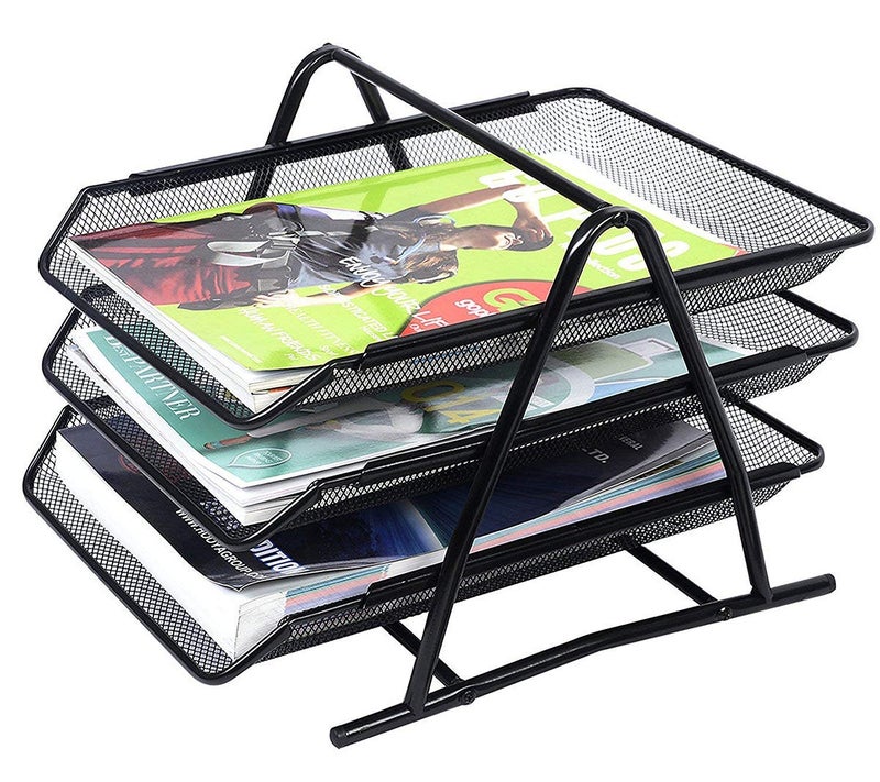 GoodWill Tech 3-Tier File Organizer - Black Metal Mesh Desk Tray with Slidable Compartments for A4 Documents, Letters, and Office File Storage - Desk Organizer (Black) - Image 1