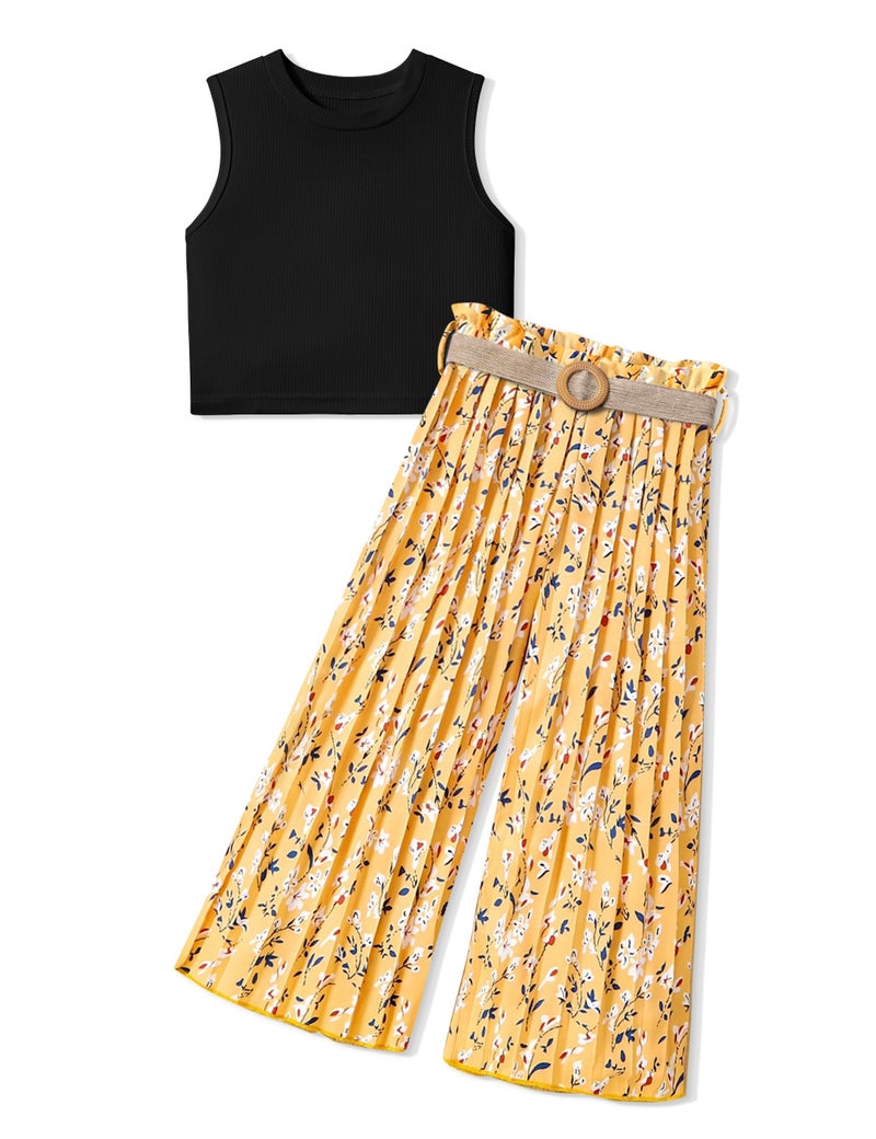BAVADER Girls Clothes 910Y Kids Clothes Girls Rib Crop Tank Tops Pleated Wide Leg Pants Clothes for Girl 910 Girls 2 Piece Summer Outfits Floral