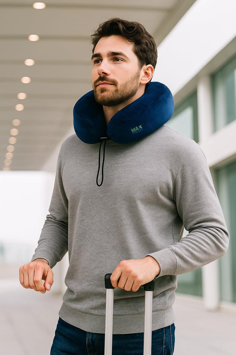 Max Comfort Medical Travel Neck Pillow - High Quality Memory Foam with Washable Cover - Navy - Image 2