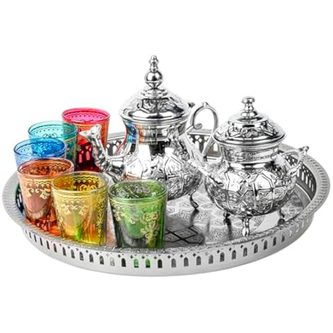rayihni Moroccan Brass Arwa Teaset With Silver Tray  9 Pieces Handcrafted Traditional Tea Pot For Authentic Moroccan Tea Ceremony - Image 1