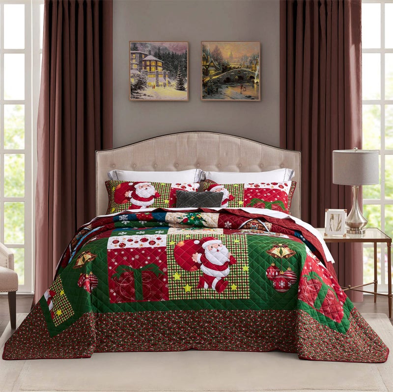 CHIXIN Christmas Oversized Bedspread King Size Santa Claus Pattern Bedding Quilt Rustic Lodge Plaid Patchwork Coverlet Set Lightweight Soft Microfiber 3 Piece KingCal King